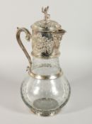 A SUPERB LARGE CLARET JUG with plated mounts. 16ins high.