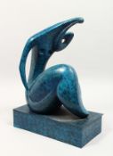 IN THE MANNER OF HENRY MOORE AN UNUSUAL BLUE PATINATED ABSTRACT BRONZE SEATED FIGURE, on a plinth