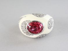 A SILVER WHITE ENAMEL DESIGNER RING.