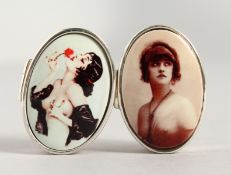 TWO EROTIC SILVER ENAMEL TOP PILL BOXES.