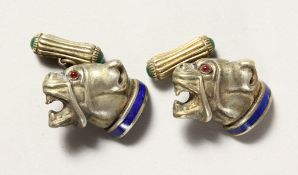 A PAIR OF RUSSIAN SILVER AND BLUE ENAMEL DOG'S HEAD CUFFLINKS.