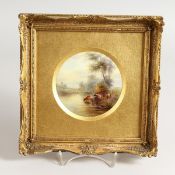 A GOOD JAMES STINTON ROYAL WORCESTER CIRCULAR PLAQUE Cattle Beside the River. Signed. 4.5ins