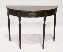 A GEORGIAN STYLE MAHOGANY ADAM DESIGN HALF MOON TABLE on fluted legs. 3ft 6ins wide.