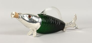A GLASS PLATE MOUNTED FISH CLARET JUG. 14ins long.