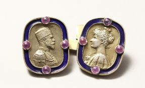 A PAIR OF RUSSIAN SILVER AND BLUE ENAMEL PORTRAIT BUST CUFFLINKS.