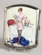 A METAL CIGARETTE CASE, the top with an enamel of a glamour model and champagne.