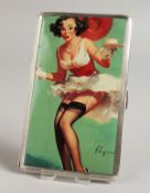 A METAL ENGINE TURNED CIGARETTE CASE, the top with a glamour model holding a cup and saucer, by