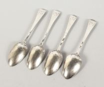 FOUR GEORGIAN SILVER PICTURE BACK TEASPOONS.
