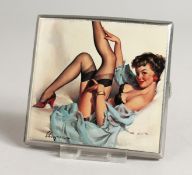 A METAL CIGARETTE CASE, the top with a glamour model.