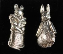 TWO SILVER BEATRIX POTTER RABBIT AND MOUSE BROOCHES.