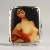 A GEORGE V ENGINE TURNED SILVER CIGARETTE CASE, the top with an enamel of a half-length nude.