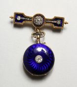 A SUPERB 18CT GOLD, BLUE ENAMEL AND DIAMOND SET WATCH AND PENDANT.
