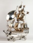 A SUPERB LARGE .800 CONTINENTAL SILVER NEF, the top with three main sails, various figures, the base