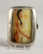 A GEORGE V ENGINE TURNED SILVER CIGARETTE CASE, the top with an enamel of a three-quarter length