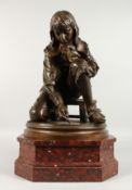 A. MOREAU VAUTHIER (1831-1893) FRENCH A SUPERB LARGE BRONZE OF A KNEELING YOUNG MAN, scribing on the