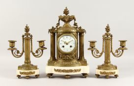 A GOOD LOUIS XVI DESIGN ORMOLU AND MARBLE THREE PIECE CLOCK GARNITURE, striking on a single bell,