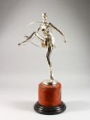 A CHROME PLATED BRONZE FIGURE OF AN ART NOUVEAU DANCER, on a marble base.