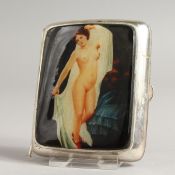 A GEORGE V PLAIN SILVER CIGARETTE CASE, the top with an oval enamel of a full-length nude.