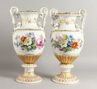 A PAIR OF SUPERB LARGE 19TH CENTURY MEISSEN PORCELAIN TWO HANDLED VASES with gilt decoration and