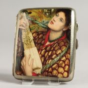 A METAL CIGARETTE CASE, the top with a scene after ROSETTI (a Christmas card).