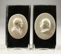 AFTER THE ANTIQUE TWO PLASTER OVAL PLAQUES on marble, one of ROBERT ADAM. 4ins x 3ins and 4.5ins x