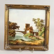 A 19TH CENTURY ENGLISH PORCELAIN PLAQUE painted with a mill on a river.