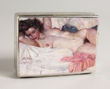 A SILVER PLATED HARROD'S METAL STAMP BOX, with folding top with enamel of a sleeping nude. 4ins x