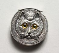 A CAST SILVER TWO SIDED CAT CIRCULAR VESTA.