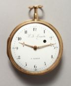 AN 18TH CENTURY FRENCH SILVER GILT POCKET WATCH by L. J. LAGUEFFE, LIEGE, repeat action and white