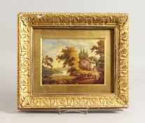 A 19TH CENTURY ENGLISH PORCELAIN PLAQUE with man and a donkey near a mill.