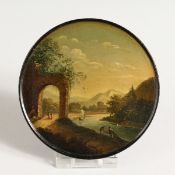 A VERY GOOD STOBWASSER CIRCULAR PAPIER MACHE SNUFF BOX AND COVER, No. 4310, figures drawing their