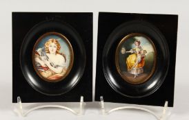 A PAIR OF MINIATURES, flower seller and a girl with a lamb. Oval 2.5ins x 2ins.