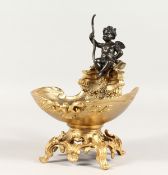 A GOOD GILT BRONZE CONCH SHELL with bronze winged cupid.
