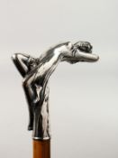 A GOOD ART NOUVEAU CHROME HANDLED WALKING STICK as a semi clad female. 2ft 11ins long.