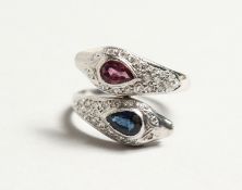 A SUPERB SAPPHIRE AND DIAMOND SNAKE RING.