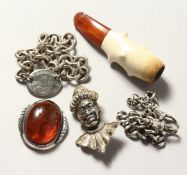 A CIGARETTE HOLDER, TIFFANY SILVER BRACELET, SILVER CHAIN and TWO BROOCHES.