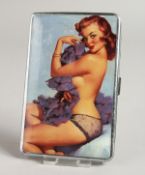 A METAL ENGINE TURNED CIGARETTE CASE. the top with a glamour model, semi-nude.