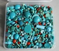 A BOX OF MIXED STONES, CORAL AND TURQUOISE.