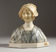A GOOD 1920'S CONTINENTAL CARVED MARBLE BUST OF A YOUNG GIRL. 9ins high.