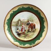 A GOOD VIENNA PORCELAIN CIRCULAR PLATE, painted by Alexander MARTIN, gallant with horse, two girls