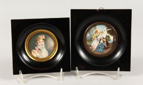 A PAIR OF FRAMED CIRCULAR MINIATURES, young lovers and portrait of a lady. 2.5ins diameter.