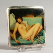 A GEORGE V PLAIN SILVER CIGARETTE CASE, the top with an oval enamel of a seated nude. Birmingham