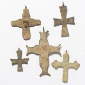FIVE MEDIUM ROMAN BRONZE CROSSES. 2.5ins long.