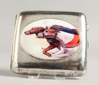 A GEORGE V PLAIN SILVER CIGARETTE CASE, the top with an enamel of two greyhound. Birmingham 1914.