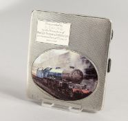 AN ENGINE TURNED SILVER CIGARETTE CASE, the top with an oval of a train.