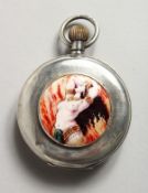 A PLAIN VICTORIAN SILVER POCKET WATCH, the top with an enamel nude.