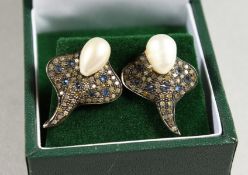 A PAIR OF 9CT GOLD AND SILVER FLAT FISH SHAPED PEARL, SAPPHIRE AND DIAMOND EARRINGS.