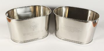 A PAIR OF MEDIUM SIZE BOLLINGER WINE COOLERS.