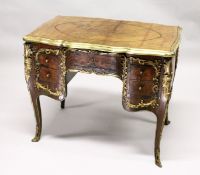 A SUPERB LOUIS XVI DESIGN KINGWOOD AND MARQUETRY COMMODE, the top with leather writing panel, five