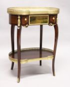 A LOUIS XVITH KIDNEY SHAPED TABLE with marble top, ormolu mounts, single drawer, undertier and